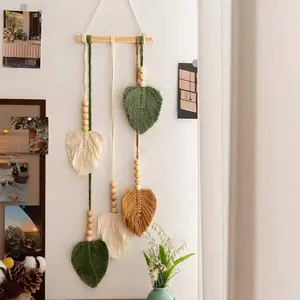 1pc Handmade Macrame  Hanging, Boho Style Leaf & Wood Bead Tassel  Decor Tapestry Aesthetic Wall Hanging Tapestry