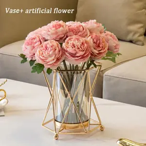 Modern Metal Glass Vase European Style Living Room Dining Table Dried Flower Arrangement Home Decoration Accessories