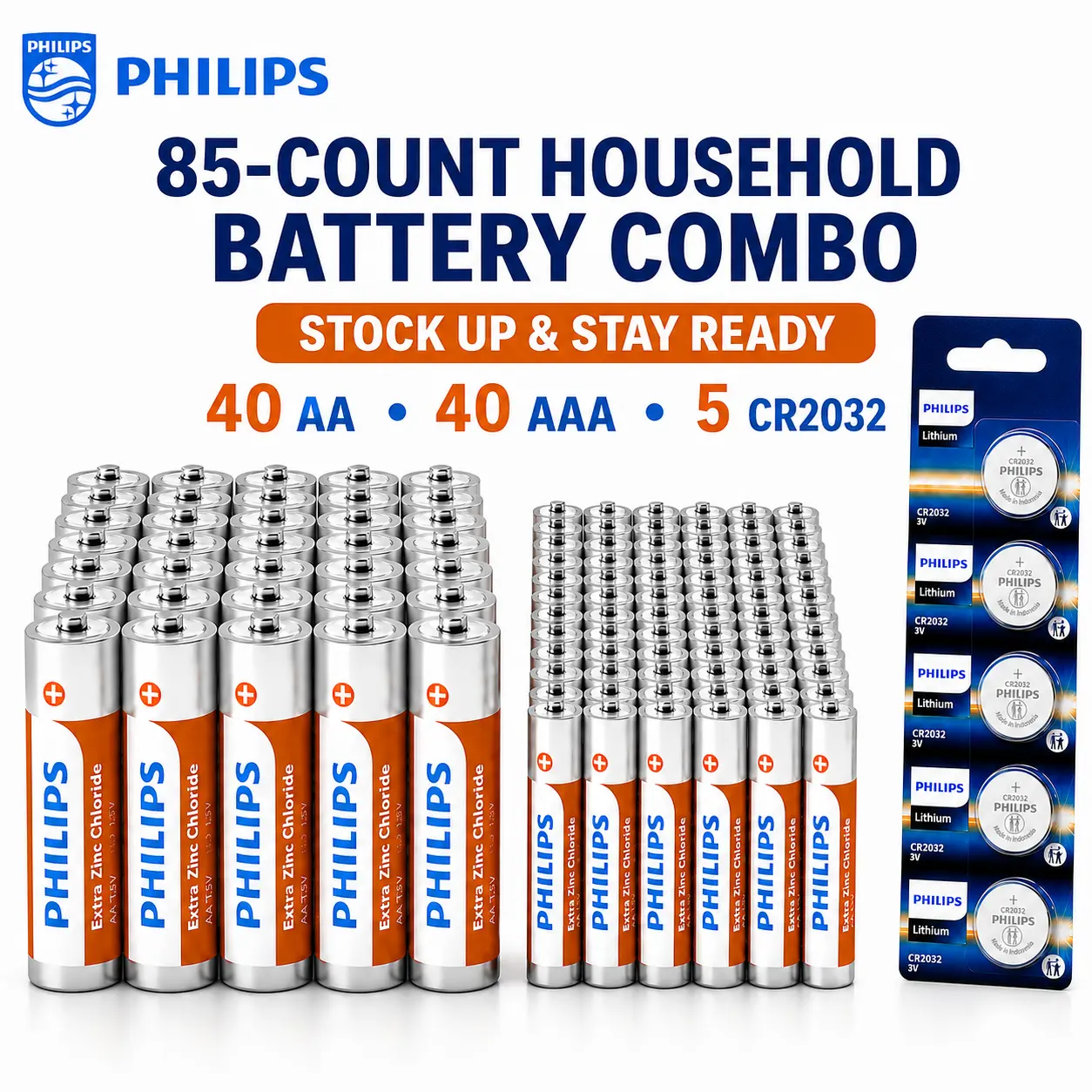 PHILIPS 85-Count Household Battery Variety Pack - 40 AA + 40 AAA Carbon-Zinc Batteries and 5 CR2032 Lithium Coin Batteries