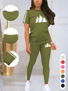 Women's Casual Letter Print Sporty Round Neck Drawstring Short Sleeve Top and Long Pants Two-Piece Set, Fitted Style