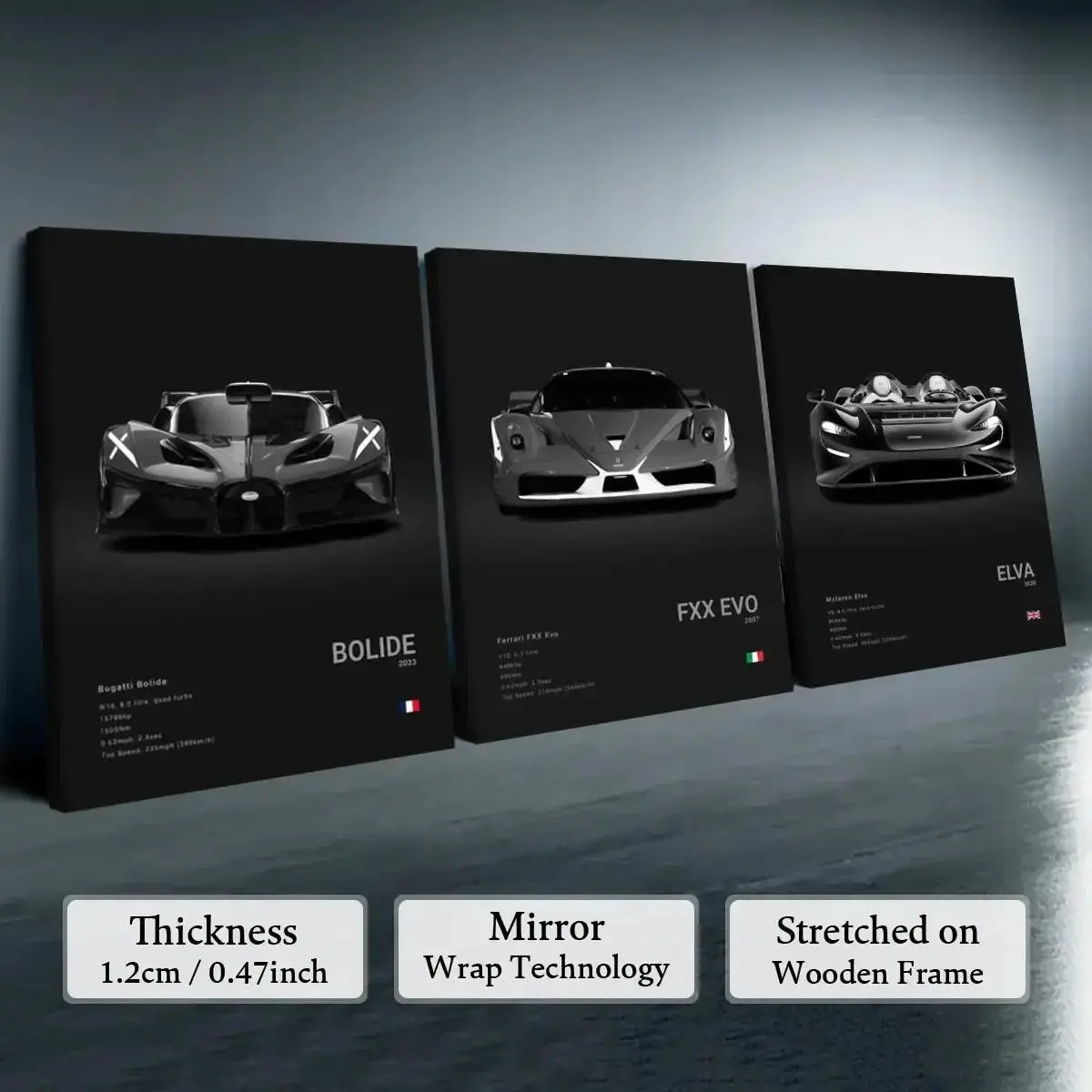 3-Piece Black  supercar Framed Canvas Wall Art, Modern Home Decor for Bedroom, Game Room and Living Room
