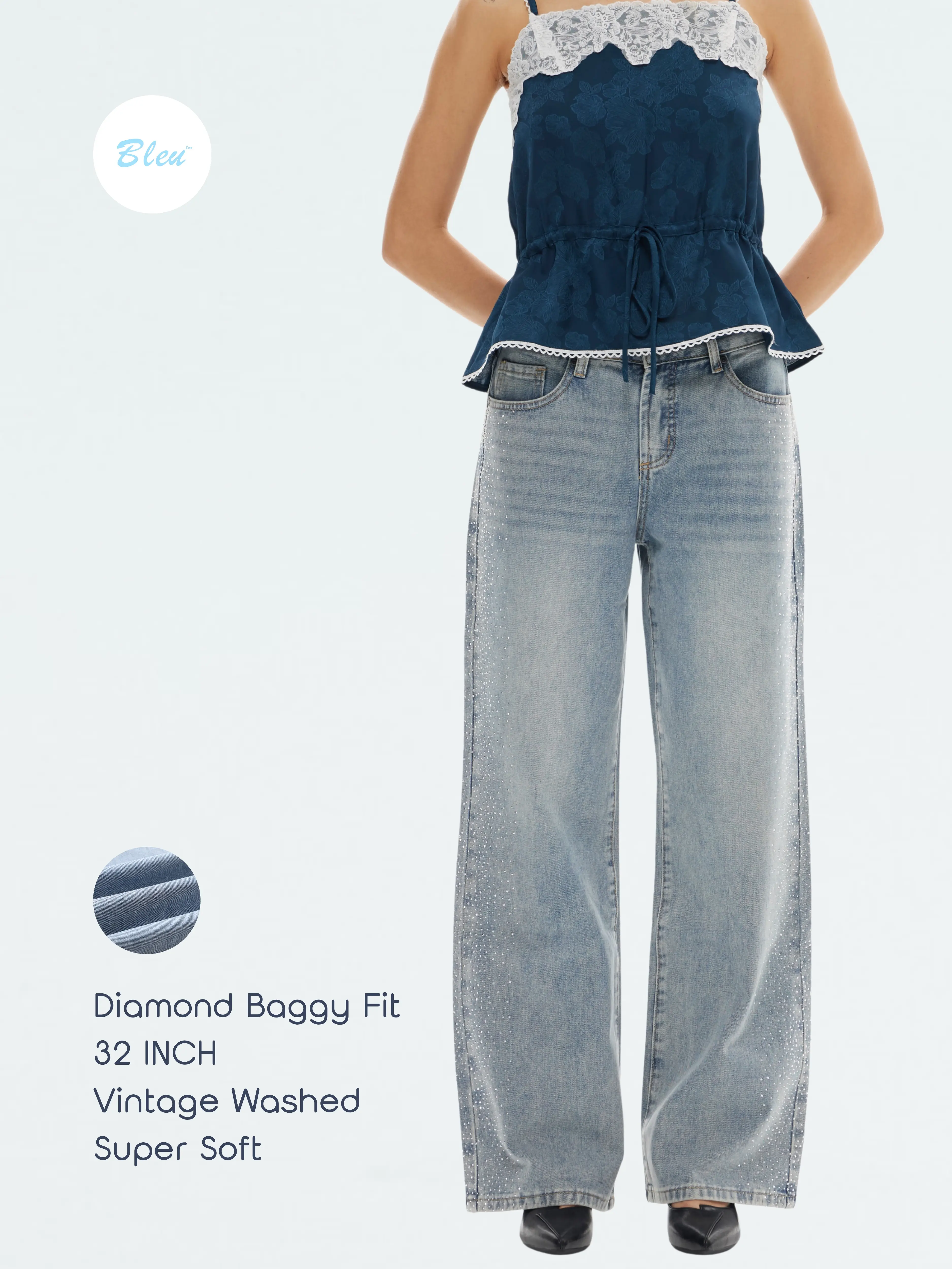 BLEU Women's Vintage Diamond Pattern Jeans, Basic Low Rise Wide Leg Denim for Casual Streetwear, Bottom, Light Washed, Cold Wash, Cotton