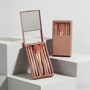 5 Piece Makeup Brush Set with Mirror, Soft Bristles Powder Brush Eyeshadow Brushes, Portable Full Function for Travel Daily Makeup