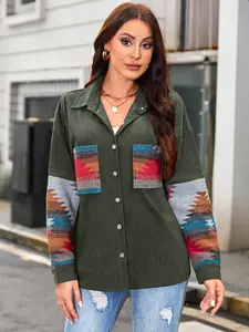 ZAFUL Women's Bohemian Ethnic Print Woven Polyester Jacket - Loose Fit, Turn-Down Collar, Buttoned Pocket, Long Sleeve, Casual Vintage Outerwear