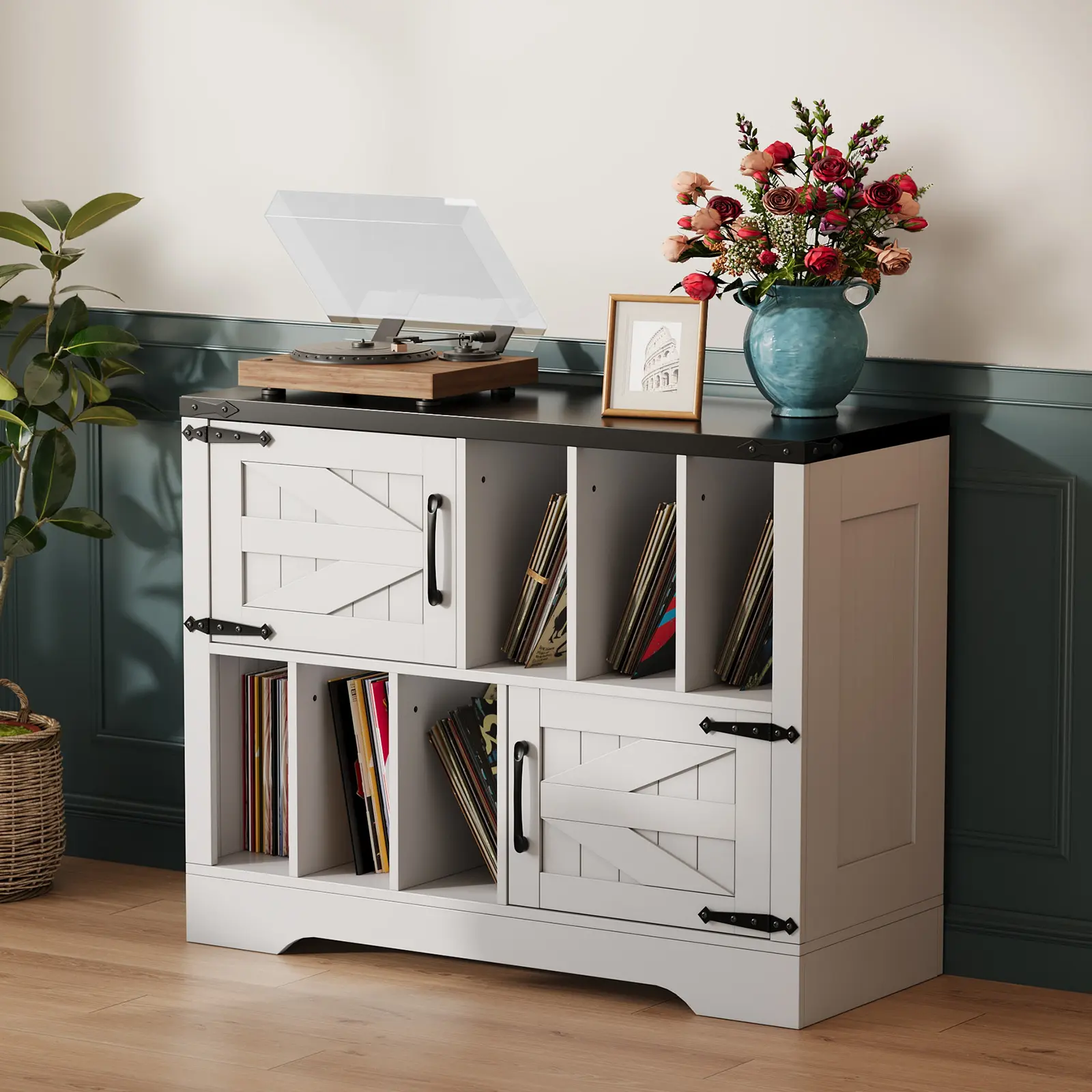 Rustic Farmhouse Record Player Stand with Sliding Barn Door, White Vinyl Record Storage Cabinet, 6-Cube Storage Rack Home Entertainment Furniture with Built-In Shelves, Turntable-Holding Media Console for Living Room