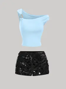 Women's Asymmetrical Off-Shoulder Fitted Crop Top and Sequin Shorts Set, Perfect for Parties, Christmas, Music Festivals, Holiday Celebrations