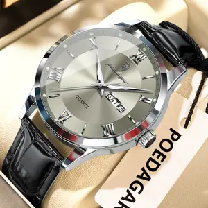 POEDAGAR watch, fashionable leather waterproof night light business casual men's quartz watch