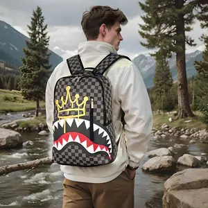 Men'S Backpack, Shark Mouth Front Design, Novel Trendy Brand Men'S And Women'S Casual Backpack, Suitable for Daily Spray GroundEuropean And American Fashion Universal Checkered Misc