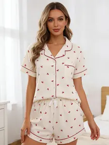 Women's Sleepwear Set, + Cherry Pattern, Casual Style, Comfortable Sleepwear, Perfect Home Relaxation Choice, Fashion Night