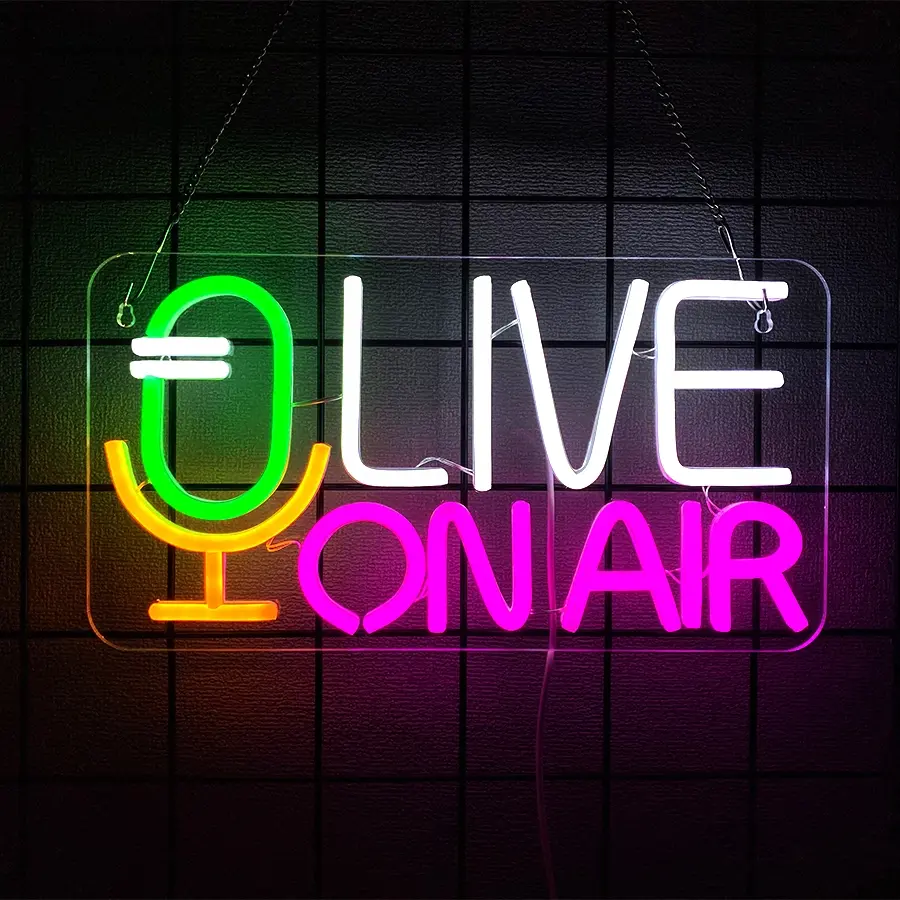 Live On Air Neon Sign Microphone Neon Light Signs for Wall Decor Live On Air Neon Lights Led Sign for Radio Station Boys Girls Room Game Room Living Room Office Gift USB Powered Easy Hanging