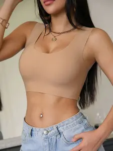 Women's Nude Wireless Bra Thin Fabric Lift & Support Removable Pads Seamless Comfortable Elastic Wide Straps U-Shaped Sports Bra Apricot T-Shirt Style