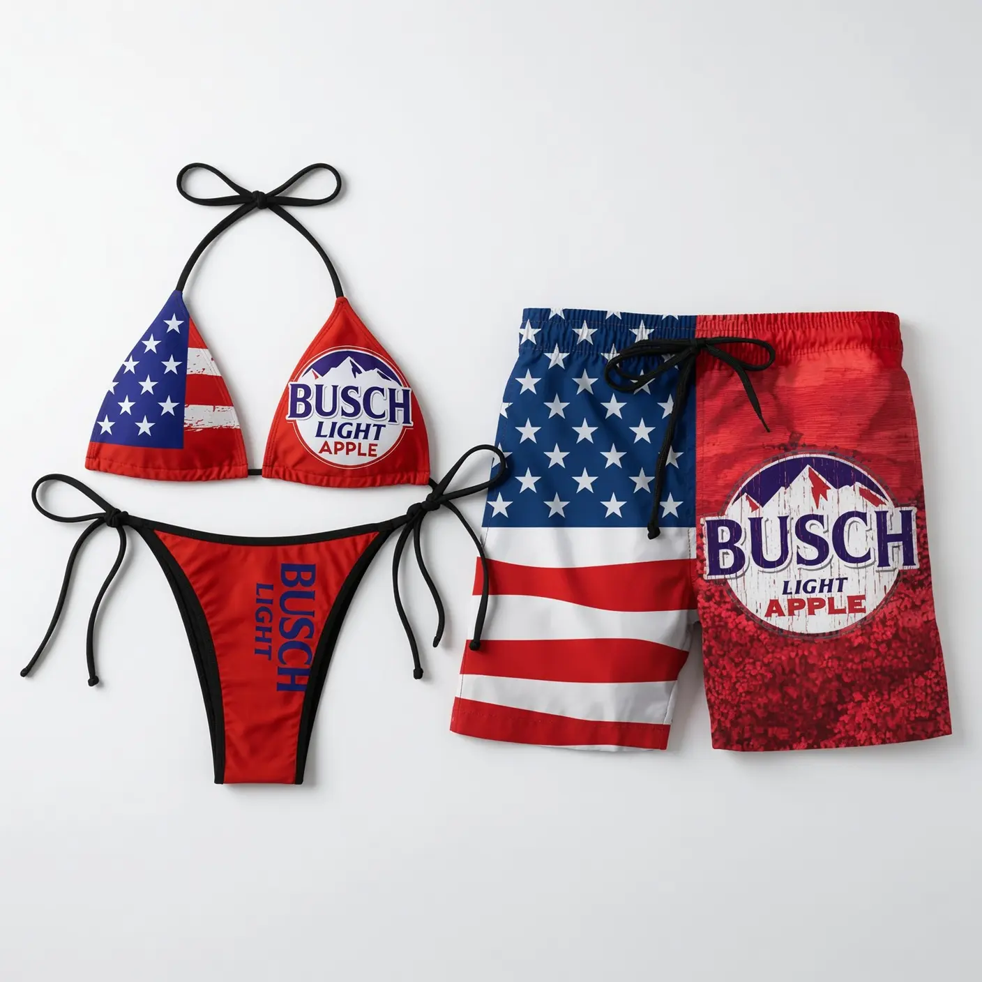 BU$CH LIGHT APPLE American Flag Matching Couple Swimwear Set, Beer Logo String Bikini and Hawaiian Shorts, His and Hers Patriotic Beach Vacation Outfit Gift