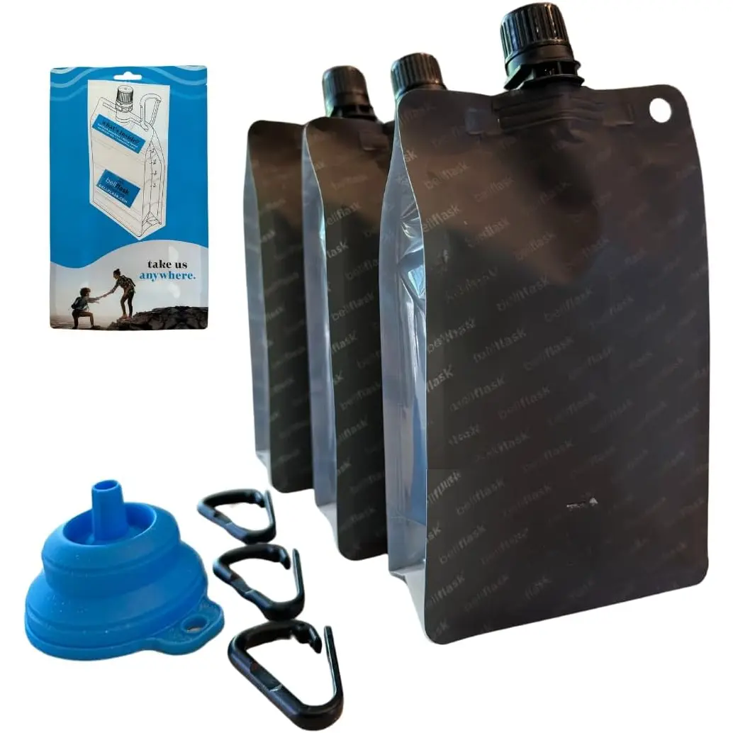 - 15 oz. Plastic Flask, , Flexible, Metal-Free, Reusuable,  with Carabiner Clip and Filling Funnel