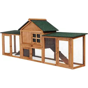 80in Wooden Rabbit Hutch, Outdoor Chicken Coop, Bunny Hutch Guinea Pig Pet House Bunny Cage with Double Side Runs, Weatherproof Roof, Removable Tray, Ramps for Small Animals