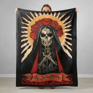La Santa Muerte Flannel Blanket, Day Of The Dead Art Print, Soft Cozy Warm Micro Fleece Air Conditioning Throw, Lightweight for Living Room Bedroom Sofa Travel, Ideal Easter Mother's Day Birthday Gift