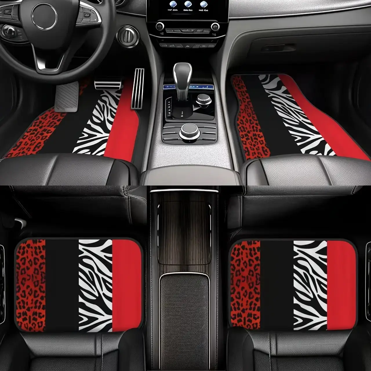 Hot Deal- 4pcs Set, Leopard Zebra Print Color Block Car Mats, Car Accessories- Printed Design, Riding Is More Comfortable, with Zero Distance Between Near and Far, Car Floor Mat