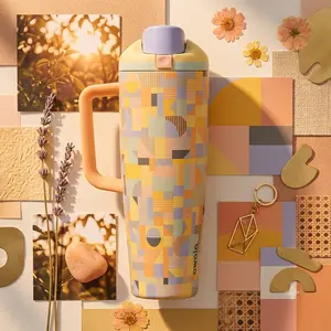 Owala FreeSip Tumbler 40oz Heavy-Duty Travel Mug, Special Rare Edition Moodboard Creative Soft Pastel Graphic Layout Stainless Steel Insulated Handle Cup
