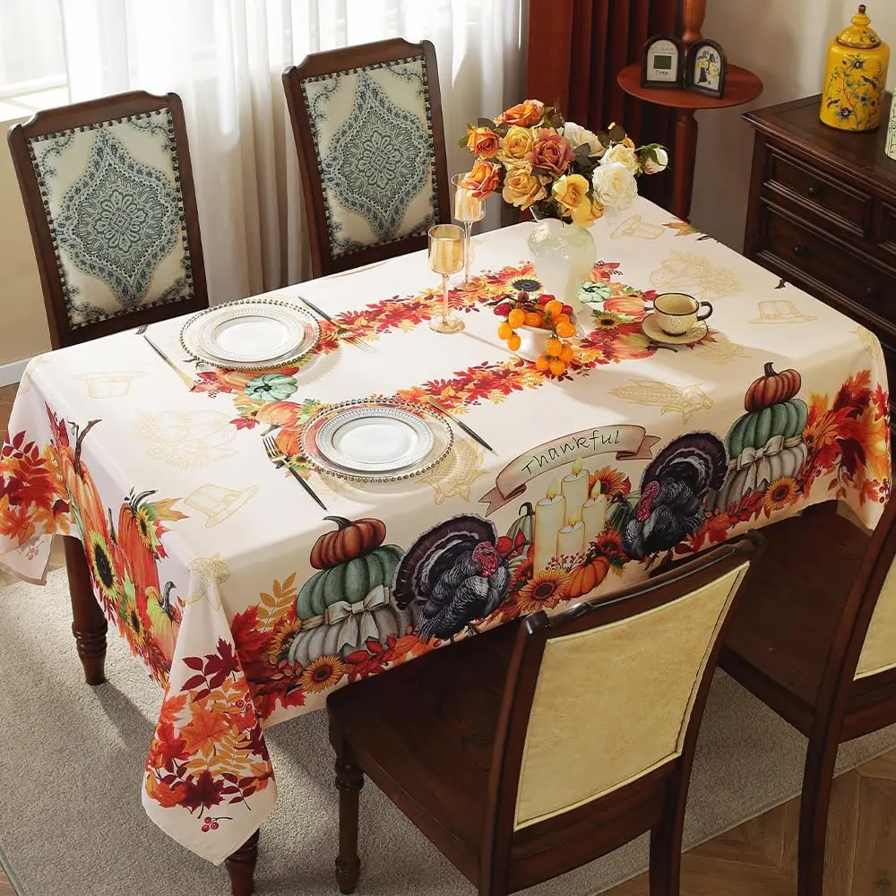 Fall Thanksgiving Tablecloth Rectangle , Pumpkin Harvest Spillproof Wrinkle Free Table Cloths, Vintage Fabric Table Cover for Autumn Dinner Banquet Party