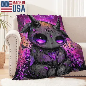 Pastel Goth Baphomet Baby Fleece Blanket Creepy Cute Demon Goat Purple Neon Halo Cross Print Throw Ultra Soft Warm Flannel Bedding for Bed Couch Sofa All Season Gift for Alt Aesthetic Fans