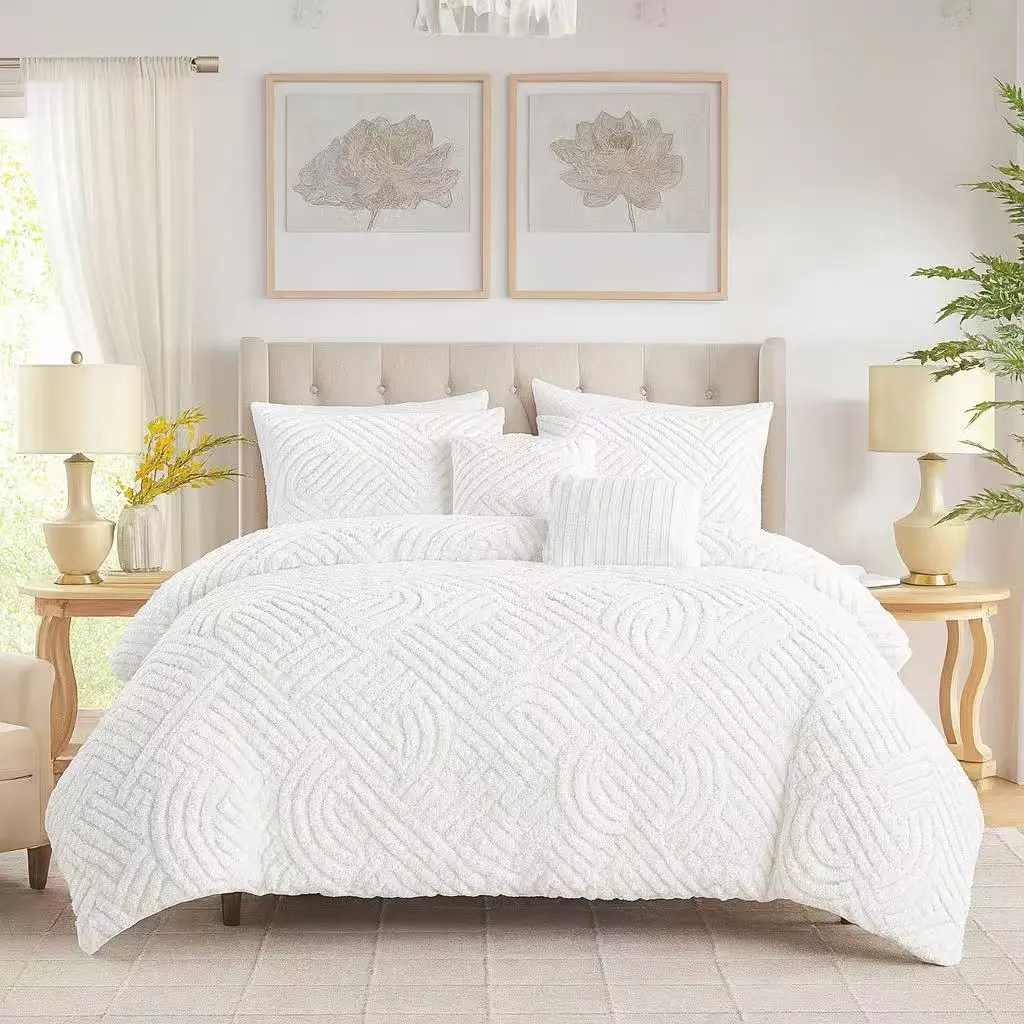 Luxury White Chenille Comforter Set, 5 Piece Heavily Weighted Textured Bedding with Shams