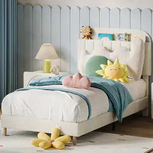 Garvee Twin XL Bed Frames, Upholstered Platform Bed Frame with Bookcase Headboard, Velvet Platform Bed Mattress Foundation, Heavy Duty Steel Support Legs, Easy Assembly, Noise Free, Cream White