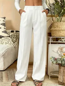Plus Size Women's Solid Color Straight Leg Suit Pants, Casual Fitted Long Pants, Geometric Pattern, Comfortable and Stylish, Casual Fashion Pants