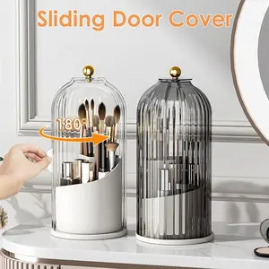 2Pcs Makeup Brush Holder Organizer with Clear Lid 360 Rotating Sliding Opening Dustproof Brushes Container for Vanity