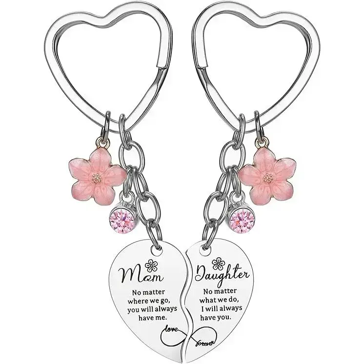 Mother Daughter Keychain Set, Cute 2-Piece Matching Split Heart Keyrings, Thoughtful Mothers Day Gift for Mom from Daughter, 2 Pcs Set, Floral, Daily, Mom/Daughter