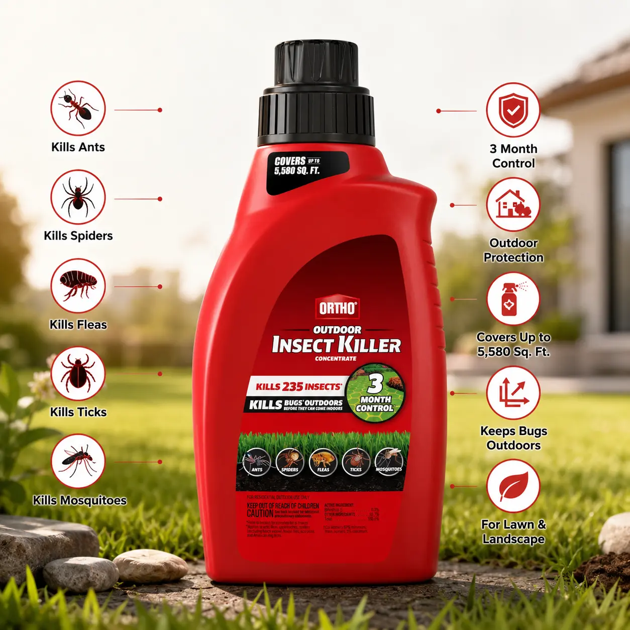 Ortho Concentrated Outdoor Insect-Control Solution - 3-Month Bug Barrier, Kills 235 Insects Including Listed Ants, Spiders, Fleas, Ticks & German Cockroaches, Mosquito-Control, Protects Edibles, 32 fl. oz. Gel Bait, 3 Months, Formulated For Edibles