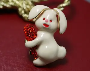 Cute Animal Easter Rabbit Bunny Brooch Pin with Crystal Carrot, Just Under 2 Inches Lightweight Item, Crystal Easter Fashion Jewelry Gift