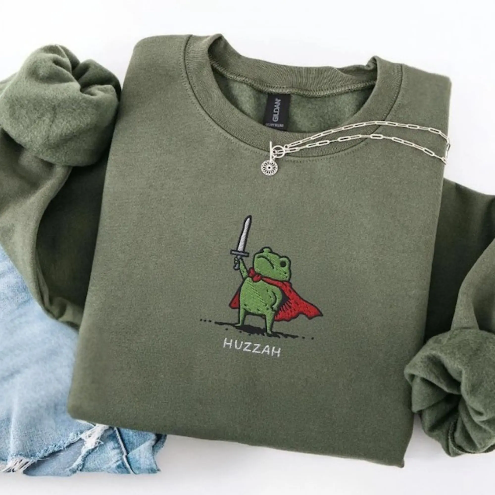 [Made in US] Huzzah Frog Sweatshirt, Embroidered Gildan 18000, Funny DnD Pullover, Renaissance Faire Frog Crewneck, Medieval Fantasy Gamer Gift