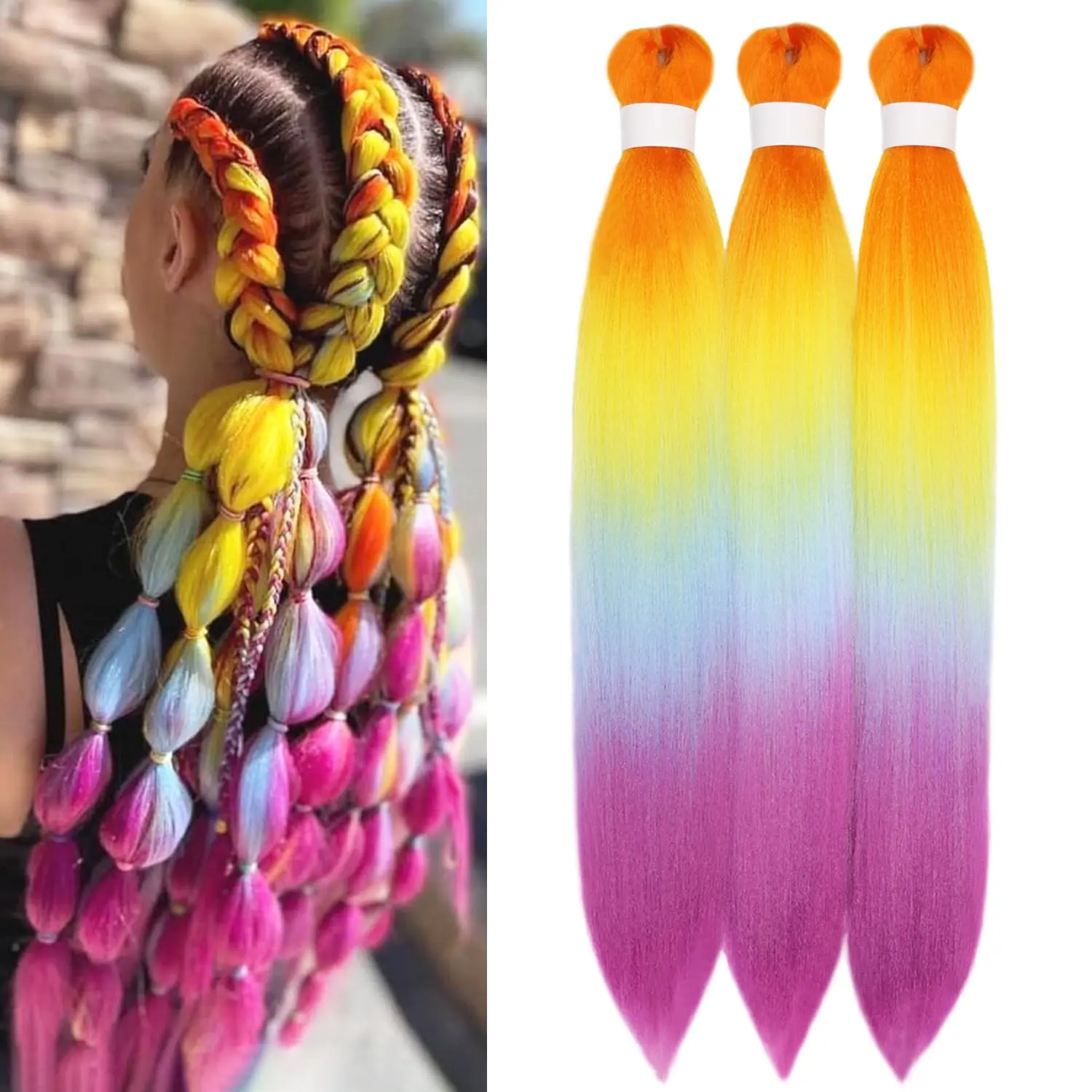 Rainbow Braiding Hair Pre Stretched Colored Braiding Hair Extensions for Braids for Kids 24inch 3pcs Knotless Multi Color Braid Hair Pre Stretched