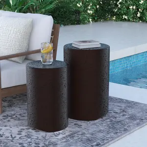 Concrete Side Table Set of 2, Outdoor Side Table Nesting for Patio,Ceramic Side Table Garden Stool for Lawn, Deck, Round, Brown