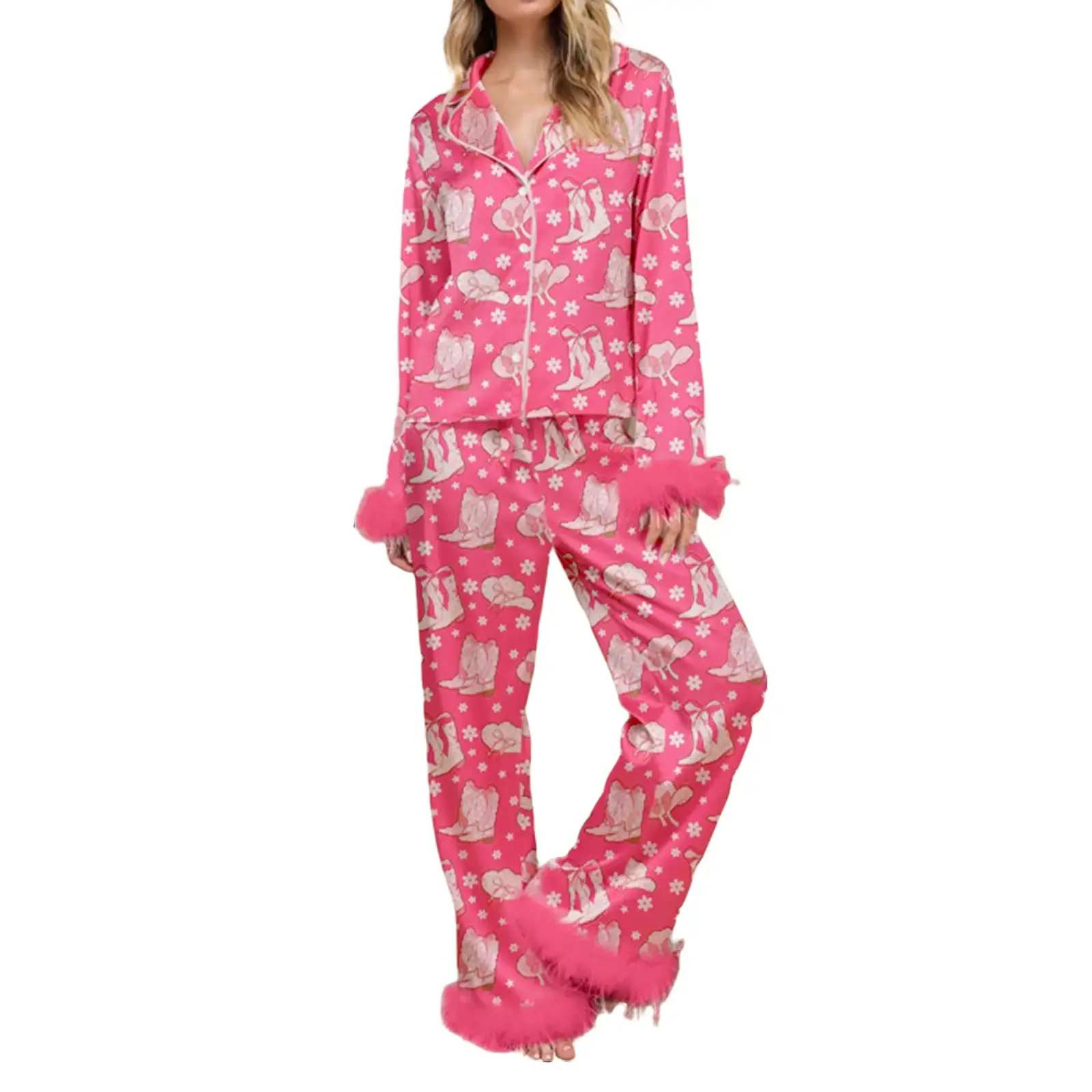 LIQUCY Women Feather Trim Printed Pajama Set Long Sleeve Button Down Loungewear Matching Sleepwear Nightwear Western Print Party Holiday Casual Outfits