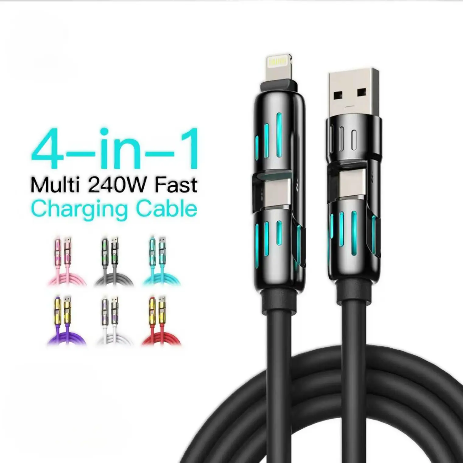 Wired Silicone Electronic Charging Data Cable - 4.92ft, 240W, Multifunction 4-in-1 Fast Charging, USB-A/Type-C/Lightning Connectors, RGB Lights, Compatible with iPhone 17, Samsung Laptops, Devices