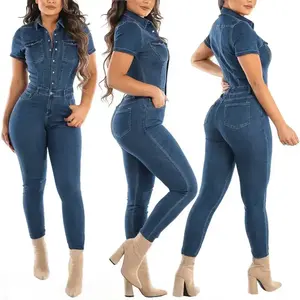 Women’s denim pencil pants/jumpsuit, ankle length, with denim pockets, workwear, single-breasted stitching, button closure, blue