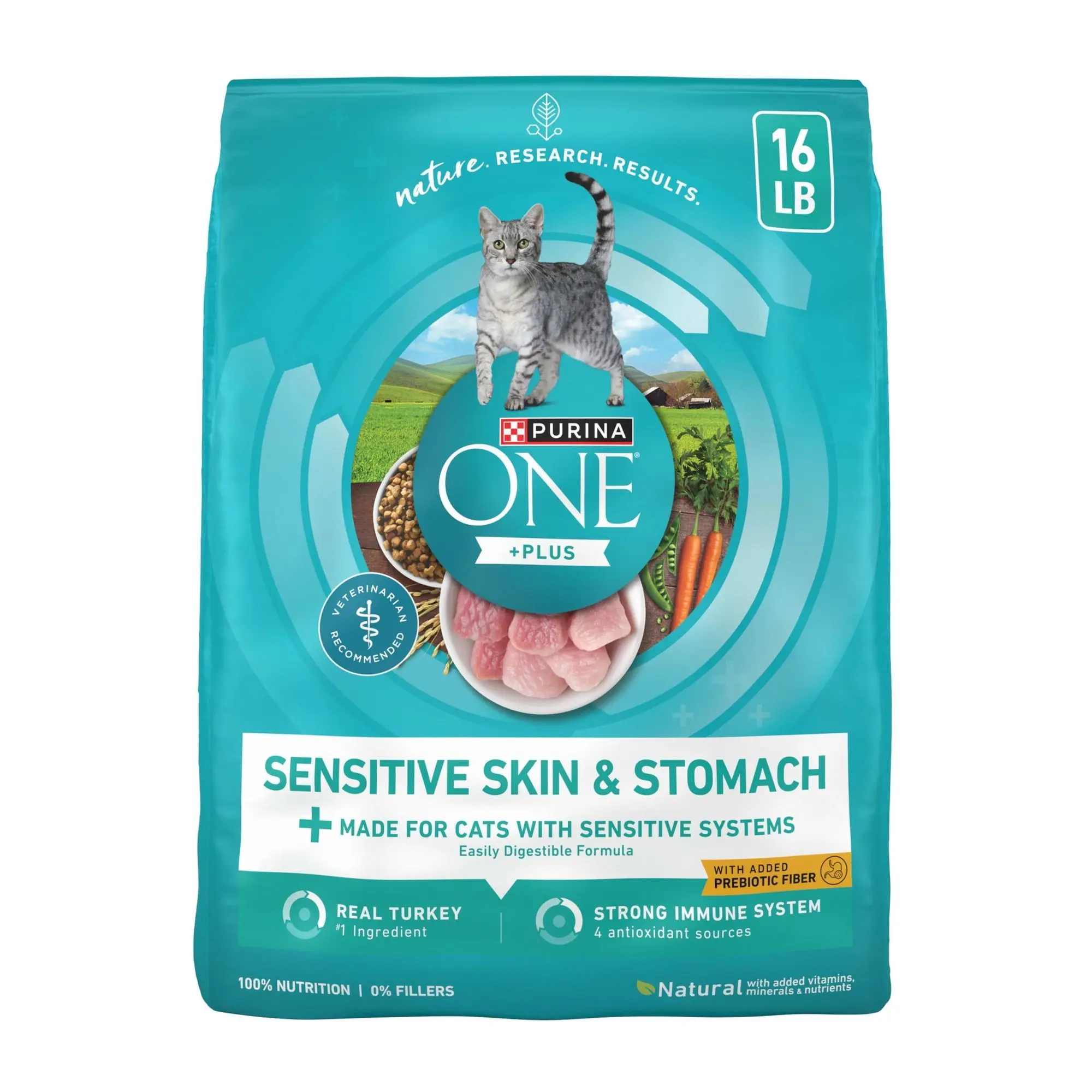 Purina ONE Plus, Sensitive Skin & Stomach, Dry Cat Food, Turkey, 16 lb Bag