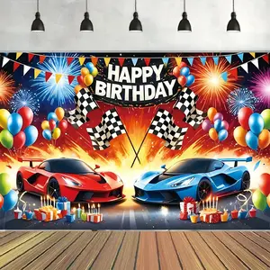 Cartoon Racing Pattern Birthday Banner, 1 Count Colorful Supercar Design Happy Birthday Banner, Durable Polyester Fabric Backdrop for Indoor & Outdoor Party Decorations, Party Decorations Banners