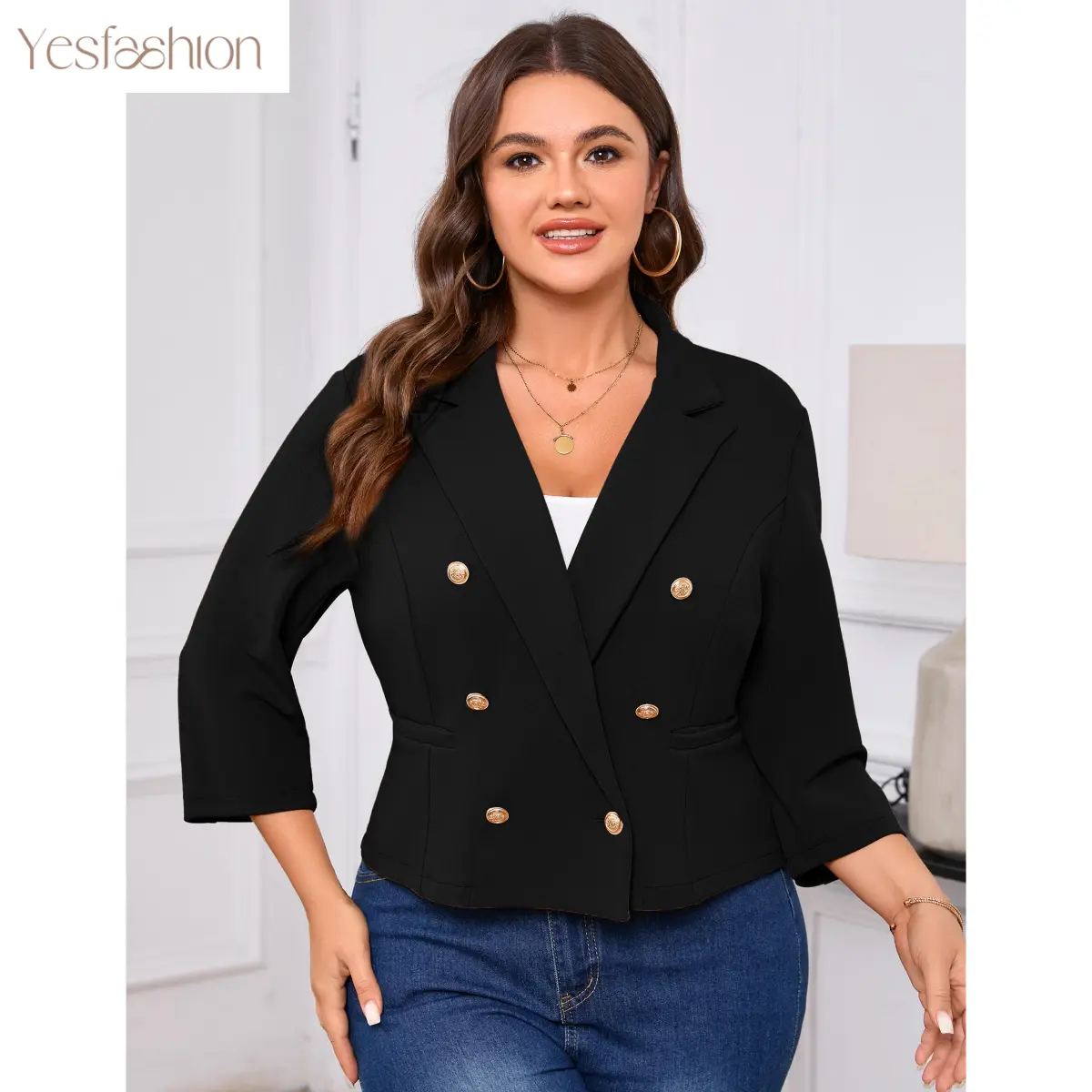 YESFASHION Women's Plus Size Cropped Blazer, Double-Breasted Gold Button Jacket (95% Polyester 5% Spandex) XYZ