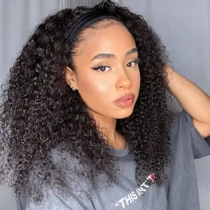 Bling Hair Full Machine Made Kinky Curly Headband Wigs Human Hair Wig Glueless Headband Deep Wave Wig For Black Women 180 Density