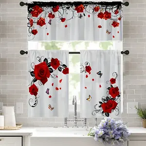 1pc/2pcs of Romantic Rose Flower Decorative Print Curtains, a Set of Valance Curtains with Rod Pockets in a Country Style for Kitchen, Cafe, Room, Living Room, Office, And Bedroom