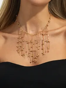 Bohemian Style Tassel Rhinestone Necklace, Fashionable Metal Chain, Elegant Light Luxury Daily Wear, Perfect Party Gift for Women