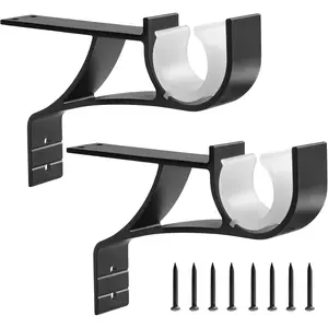 No Drilling Curtain Rod Brackets No Drill Curtain Rod Holders Curtain Rod Brackets Without Drilling Curtain Rod Hooks for 1 Inch Rod, Black Color, (Set of 2)