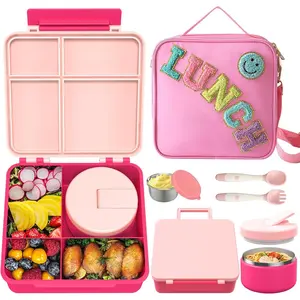 Bento Lunch Box with 8oz Soup Thermo,  Leakproof Lunch  Containers with 4 Compartment,Insulated Hot  Jar with Lunch Bag for School, Trvael (Pink)