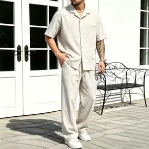 New Summer Men’s Casual Set – Tencel Linen Breathable Fabric, Ice Silk Feel, Wrinkle-Resistant with Smooth Drape and Cooling Touch, Chest Pocket Included