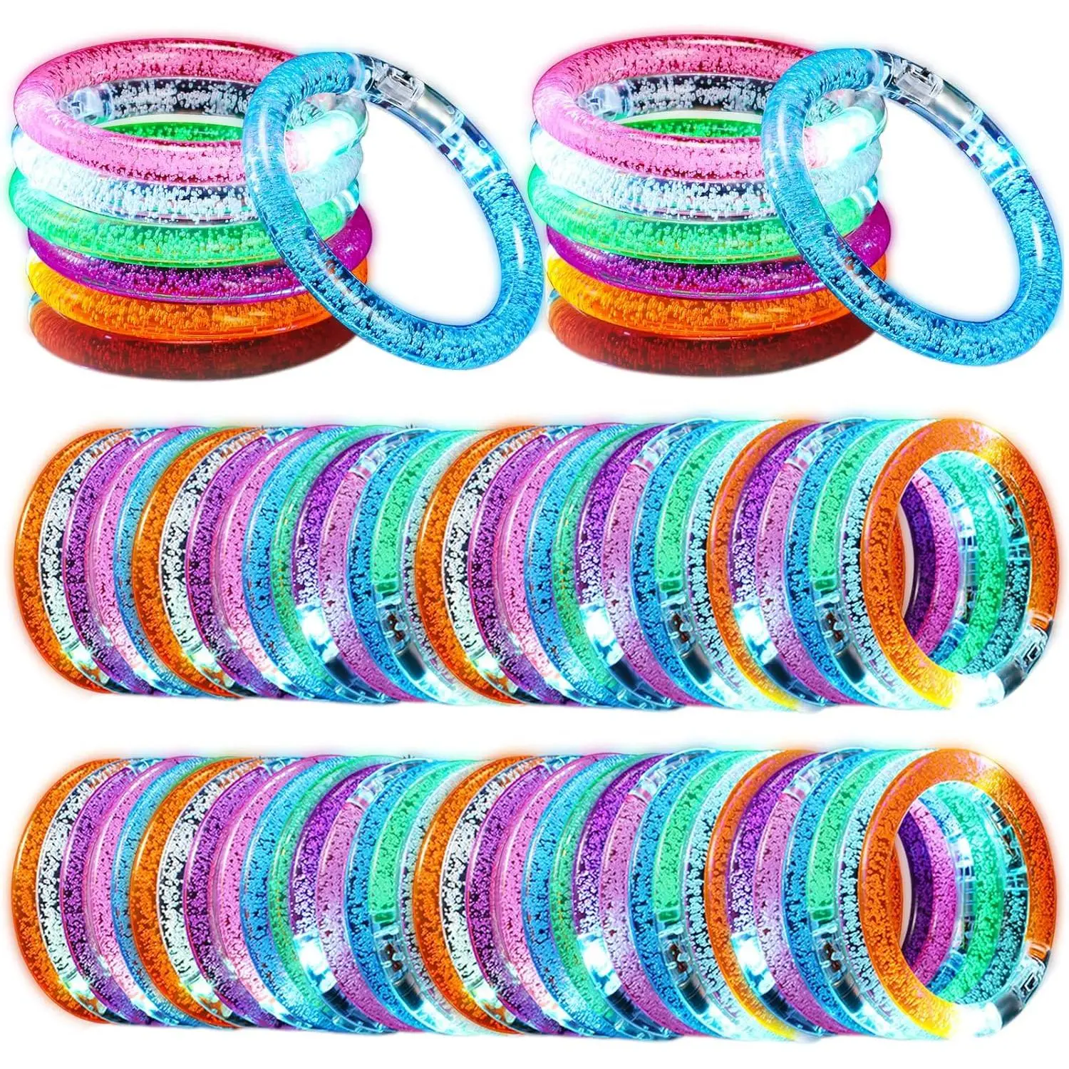 100-Piece Plastic Neon LED Bracelets Set, Transparent 6-Color Flashing Glow-in-the-Dark Festive Party Supplies, Bulk Gifts for Christmas, Wedding, Rave Concert Events