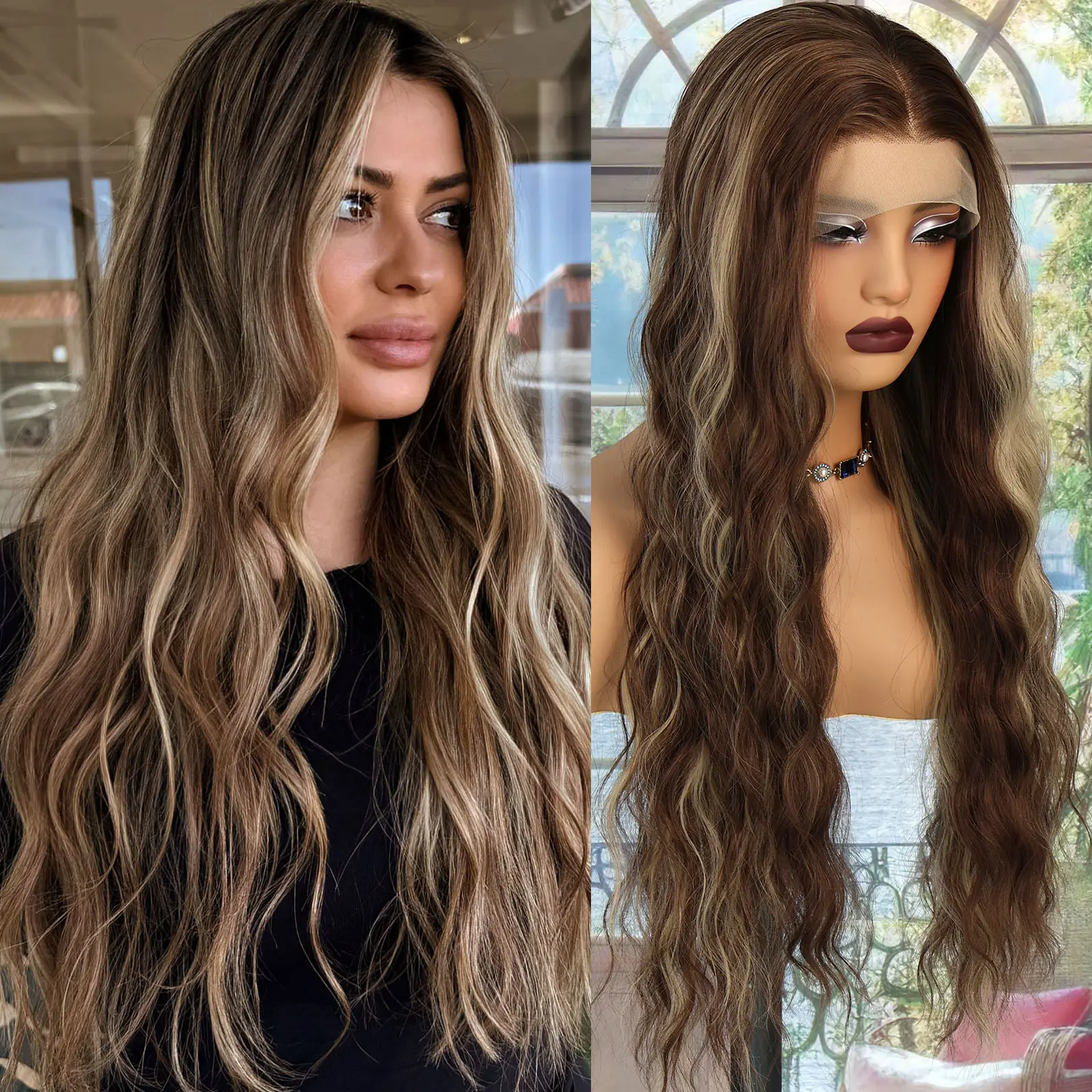 Aodbar hairs Darker Highlights Brunettes Balayage Long Curly Hair Lace Frontal Wig Heat Resistant Fiber Hair for Women Long Curly Hair Glueless Wig 13*3 HD Transparent Lace Frontal Wig