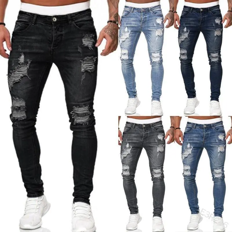 Sreetwear  European And American Men's Pants Ripped White Slim Jeans Trousers Fashionable Trousers Men