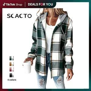 Scacto Women's Plaid Print Jacket - Regular & Plus Sizes, Long-Sleeve Hooded Polyester Fleece-Lined Warm Button-Front Casual Fashion Outerwear, Stylish Women's Wear Winter Coat