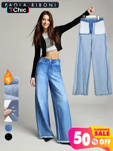 Women's High Stretch Fleece-Lined Wide Leg Jeans Pants, Casual Loose Fit Raw Hem Design, Fall & Winter Fashion